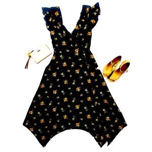 Bright Floral & Black Midi Dress